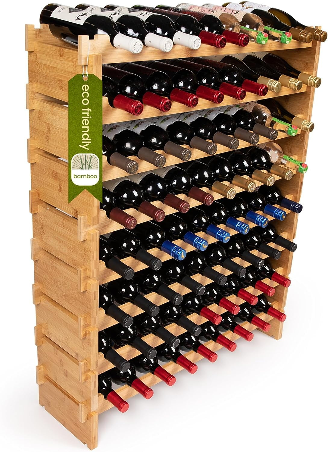 Eight-Tier Natural Bamboo 72-Bottle Modular Wine Rack