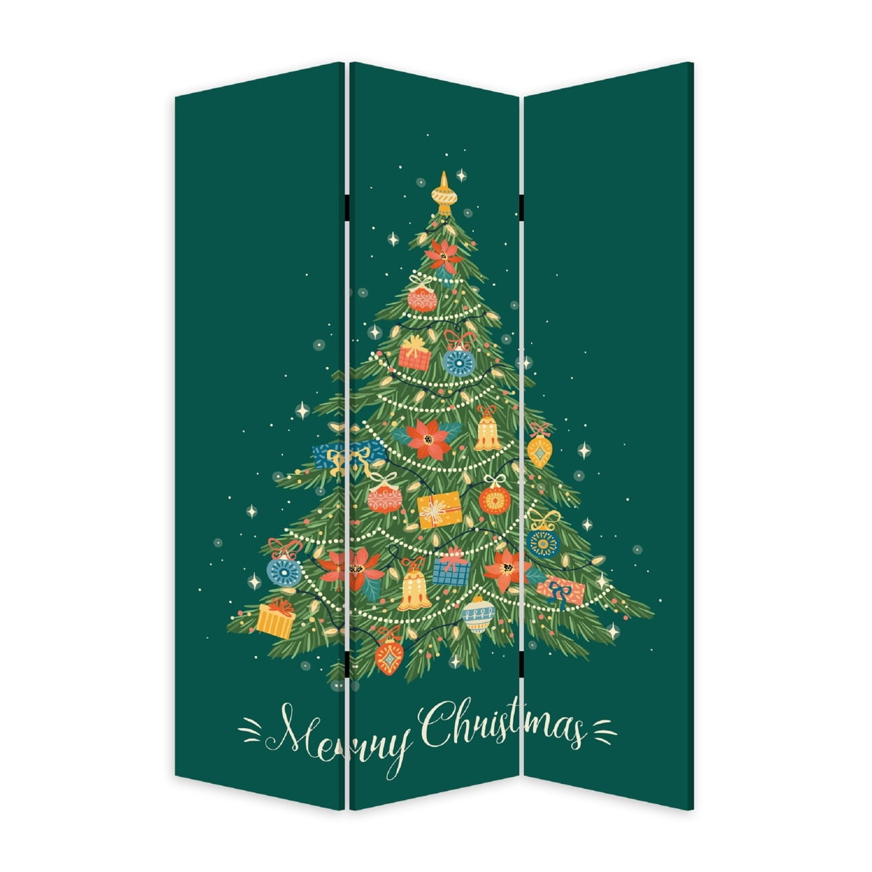 72 Inch 3 Panel Canvas Screen Room Divider, Painted Christmas Tree, Green- Saltoro Sherpi