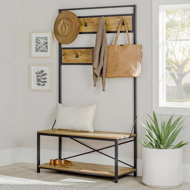 Walker Edison Industrial Hall Tree with Bench and Coat Hooks, Barnwood