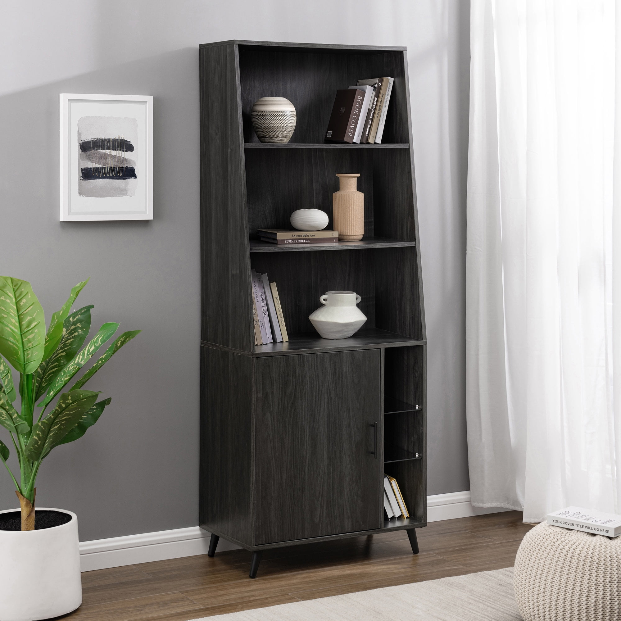 72" Wood Cabinet Bookcase with Glass Shelves - Black Graphite