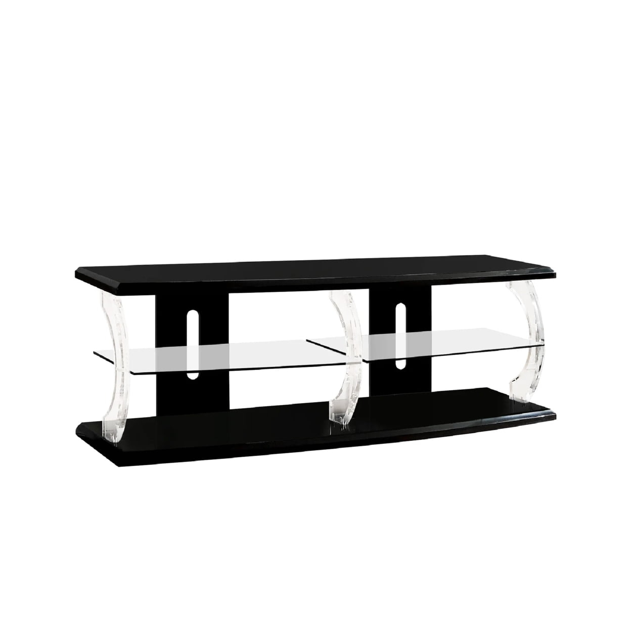 72" Wooden TV Stand With Spacious Glass Shelf, Black And Clear- Saltoro Sherpi