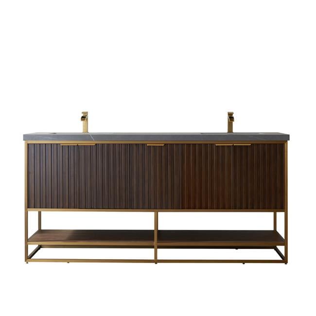 Vinnova Donostia 72" Gray Stone Top Double Vanity in Walnut No Mirror