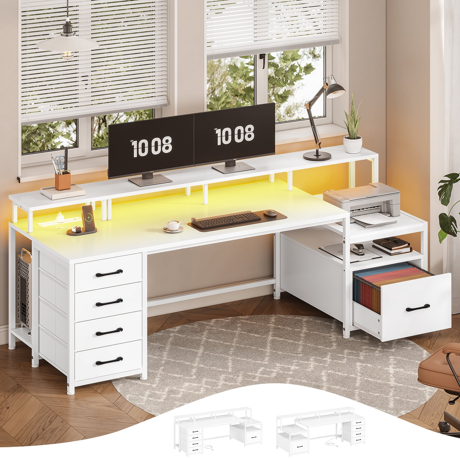 75 Inch Computer Desk with 5-Drawer Power Outlet & Led Lights, Home Office Desk with File Drawer, Storage Shelves, Printer Cabinet and Monitor Stand, Large Desktop Gaming Desk, White