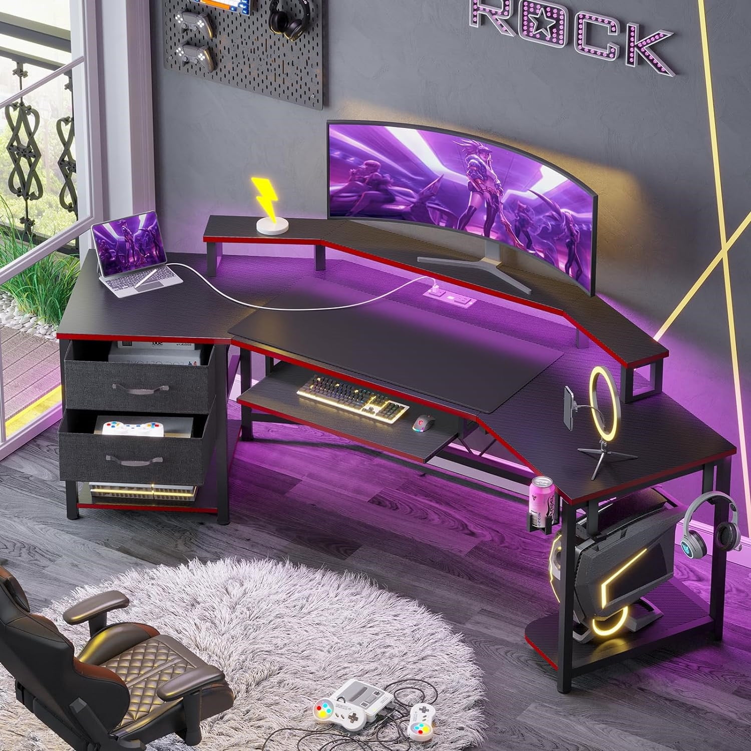 79" Gaming Desk, Computer Desk with 2 Fabric Drawers & LED Light, L Shaped Gaming Desk with Storage Shelf for Home Office, Carbon Fiber Black&Red