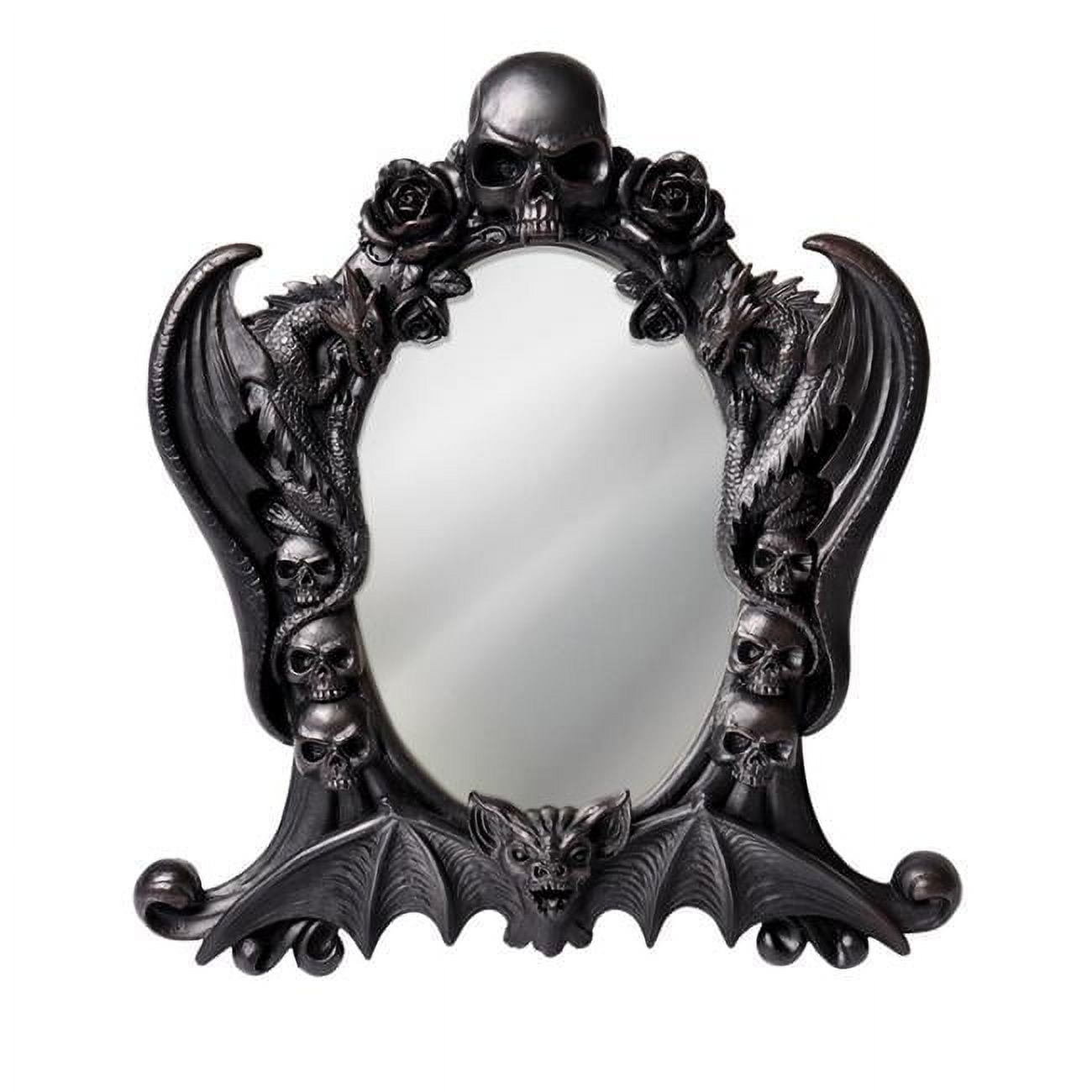 Gothic Black Resin Mirror with Skulls, Roses, and Bats
