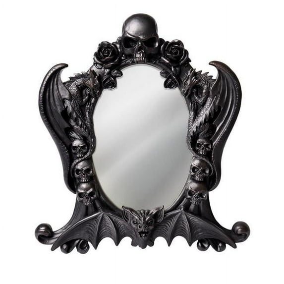 Gothic Black Resin Mirror with Skulls, Roses, and Bats