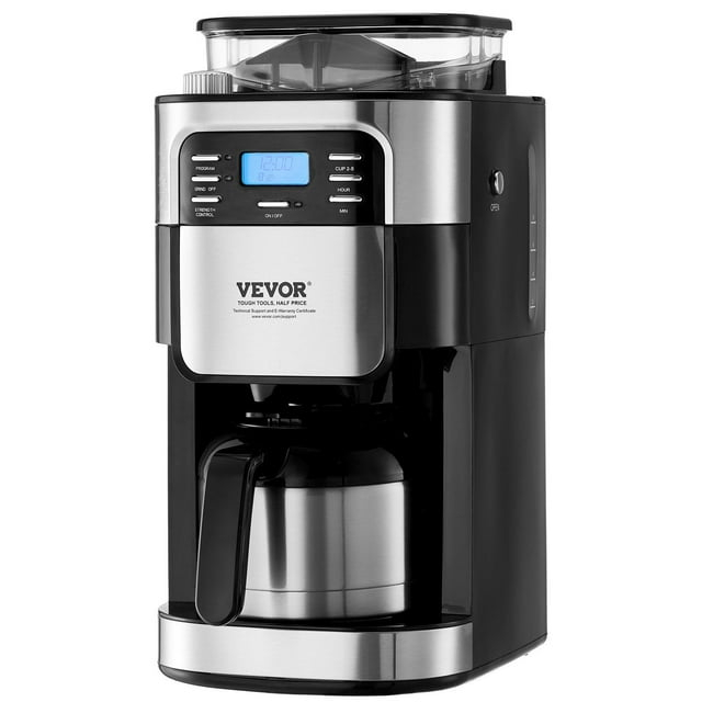 Grind and Brew Coffee Maker Machine, 8 Cup Capacity with 3 Brew Strength Options, Built in Timer for Auto Morning Brew, Ideal for Office Home Cafe, Black