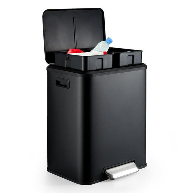8 Gallon Kitchen Trash Can, Recycle Trash Can with Dual Removable Liners, Stainless Steel Dual Trash and Recycling Bin (4 + 4 for 8 Gallon Total), Rectangle, Black