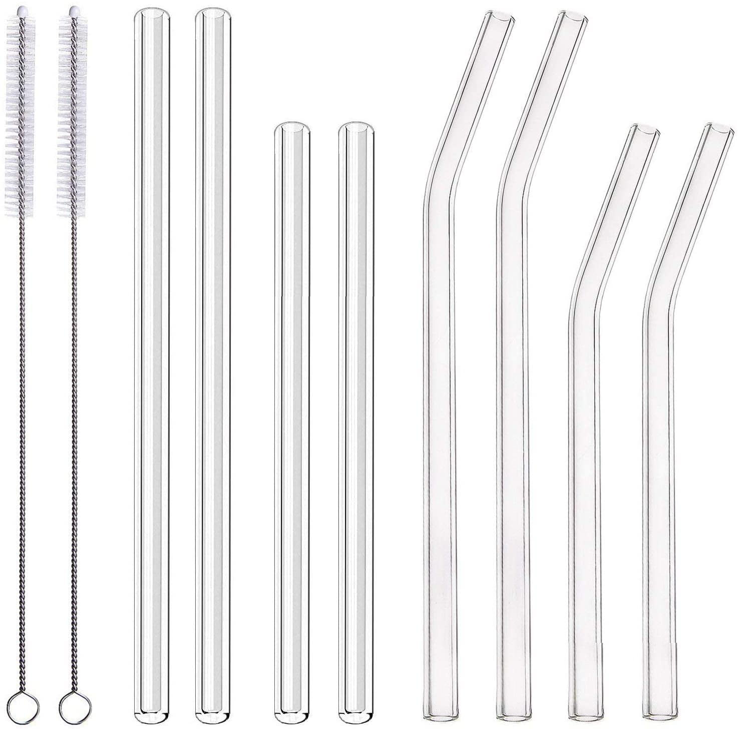 8-Pack Clear Glass Smoothie Straws, 10mm Wide 10" + 9 " Long Reusable Drinking Straws with 2 Cleaning Brush