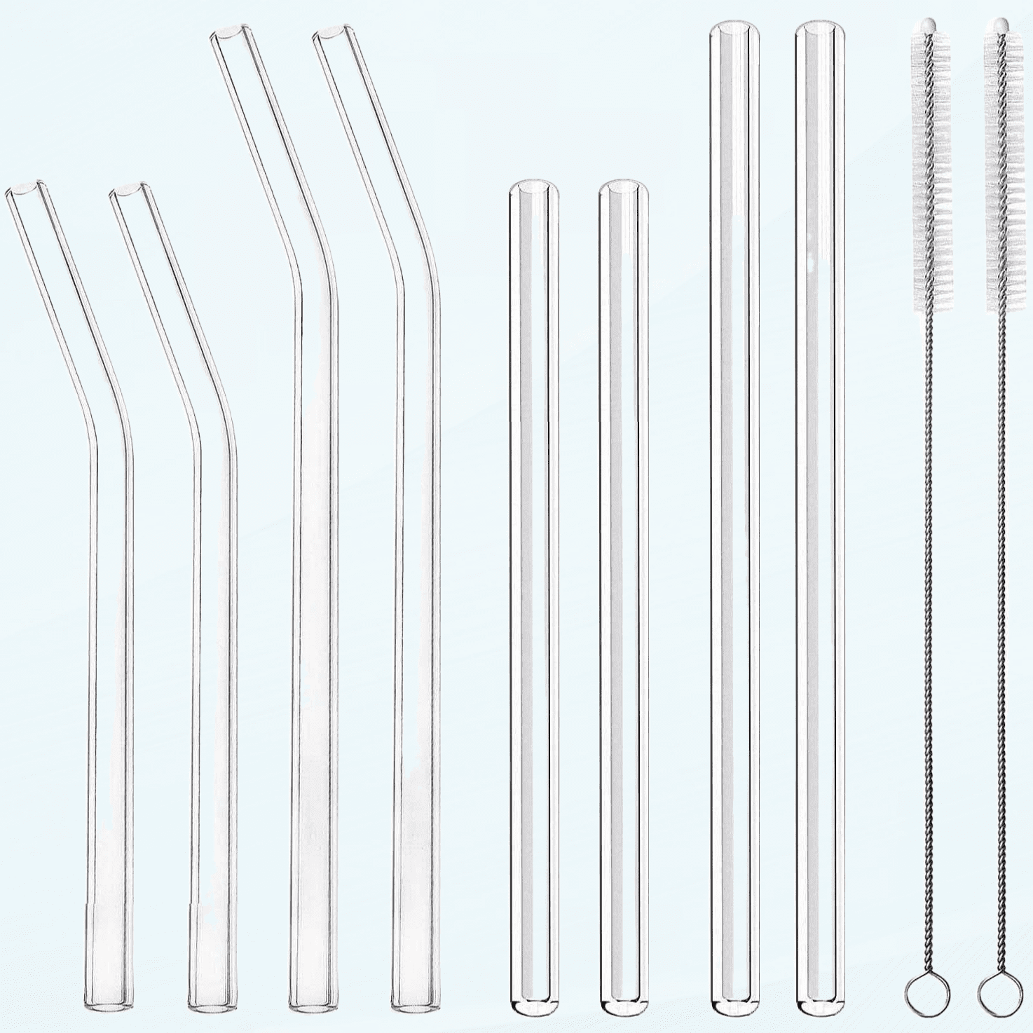 8-Pack Clear Glass Smoothie Straws, 10mm Wide 10" + 9 " Long Reusable Drinking Straws with 2 Cleaning Brush
