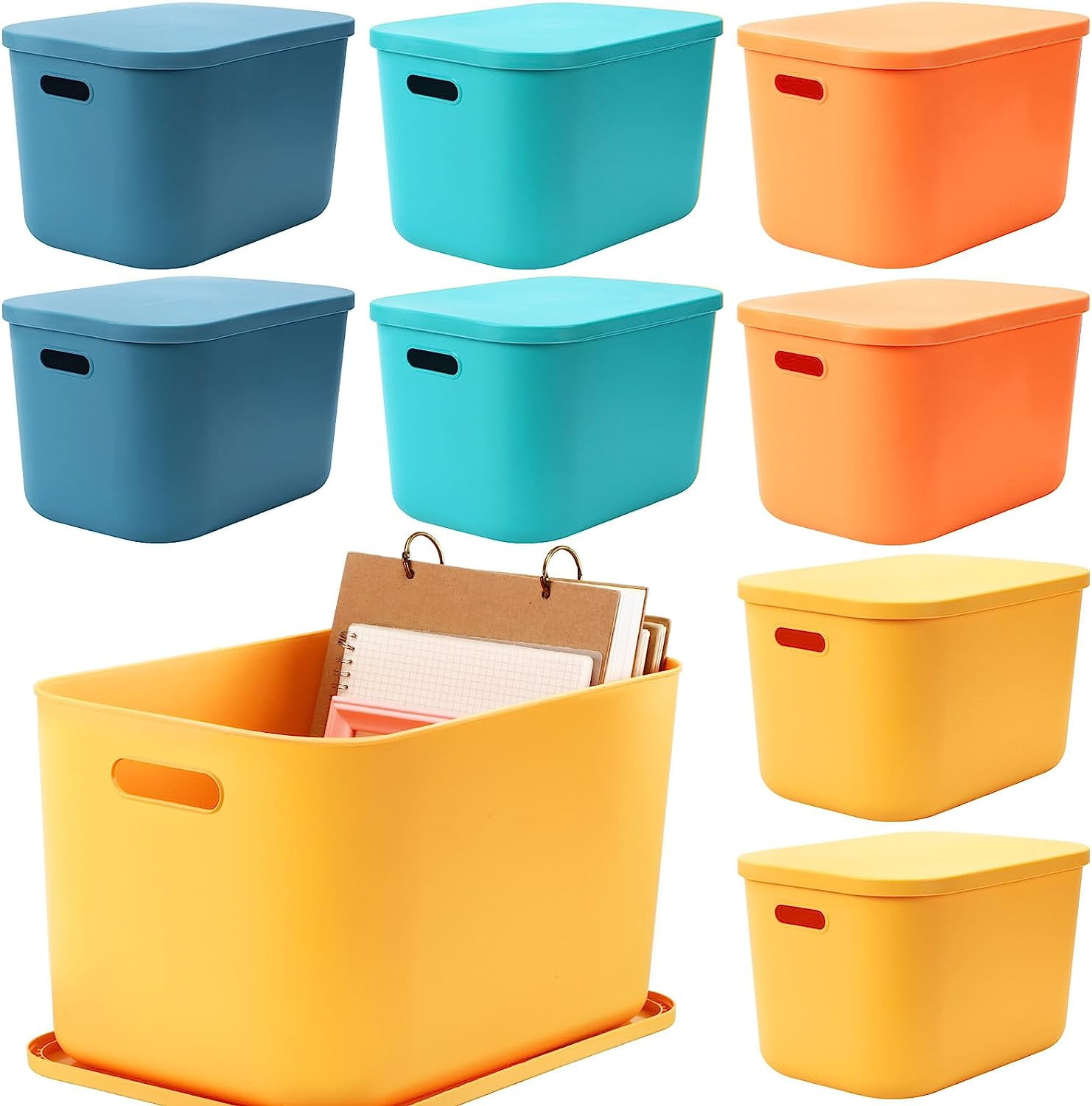 8 Pieces Colorful Storage Bins with Lid and Handle, Plastic Stackable Baskets Desktop Cube Box Cubby Bins Containers for Shelf Cabinet Bedroom Office (Multi-colored,14.2 x 10.2 x 9.5 Inch)