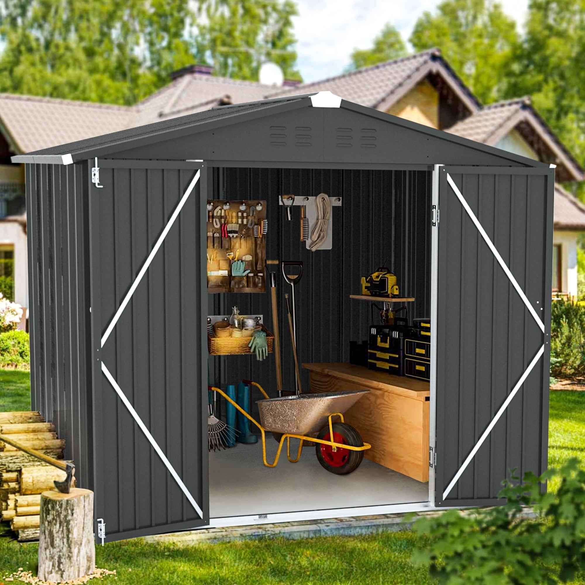 8' x 6' Outdoor Metal Storage Shed, Tools Storage Shed, Galvanized Steel Garden Shed with Lockable Doors, Outdoor Storage Shed for Backyard, Patio, Lawn, Dark Gray