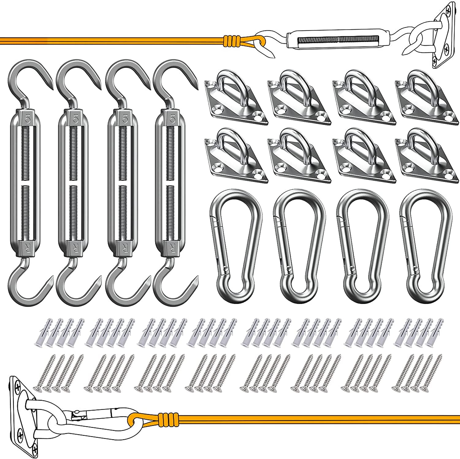 80 Pcs Sun Shade Sail Hardware Kit 5 inch 304 Stainless Steel for Rectangular/Square/Triangle Sun Shade Sail Installation Lawn and Garden, Heavy Duty Anti-Rust Sail Shade Hardware Kit