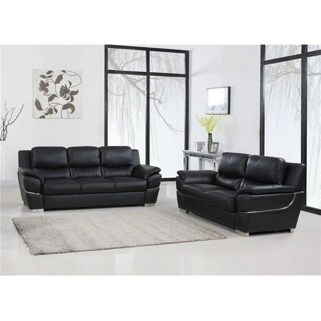 85 x 34 x 35 in. Modern Black Leather Sofa & Loveseat