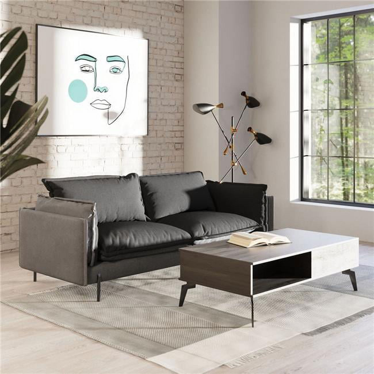 87 in. Modern Sofa with Reversible Cushions, Two Tone Grey