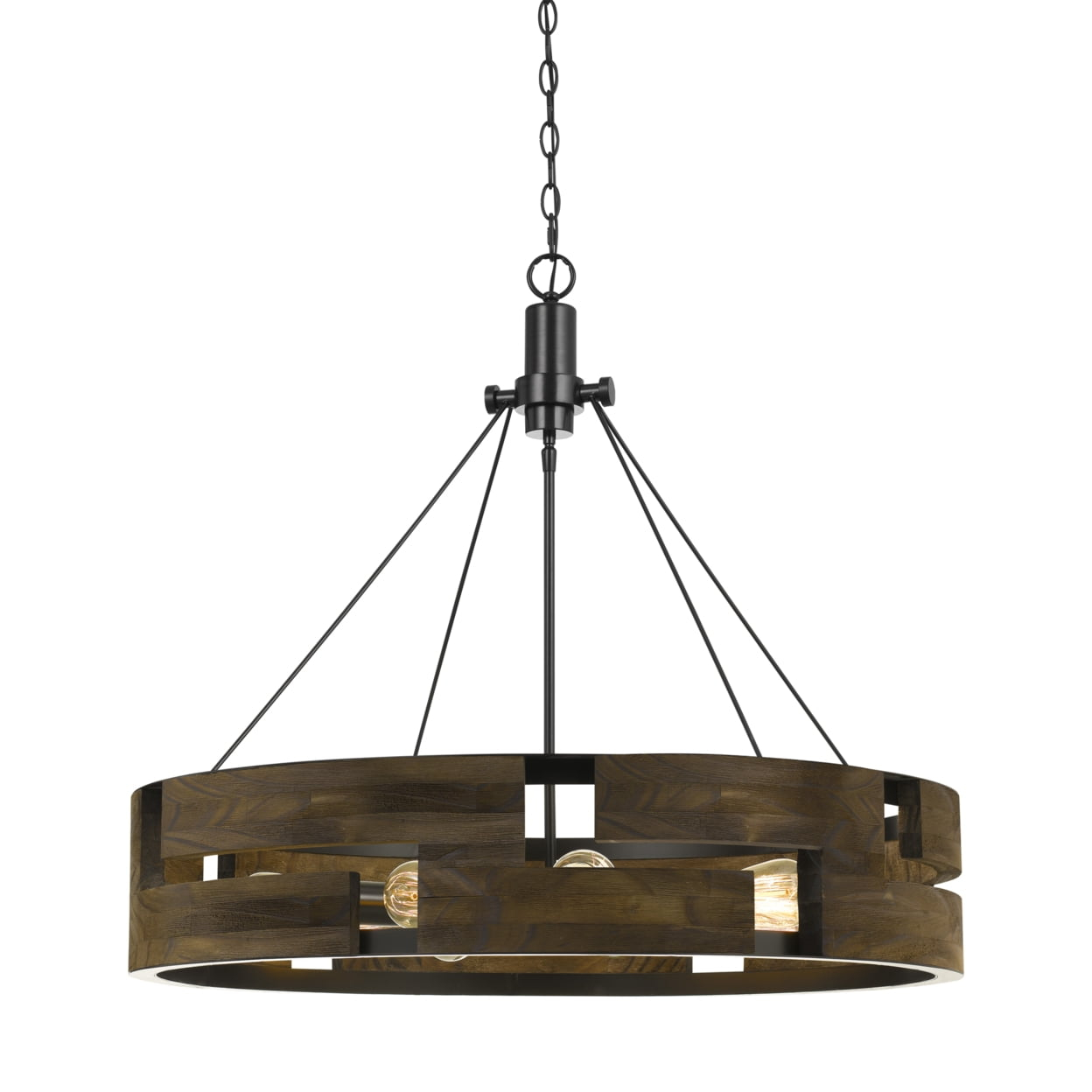 9 Bulb Round Wooden Frame Chandelier with Geometric Cut Out Design, Brown