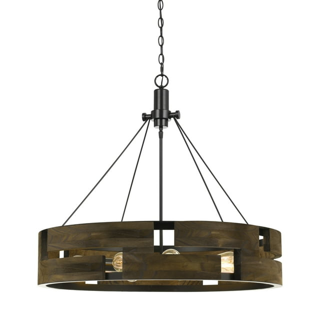 9 Bulb Round Wooden Frame Chandelier with Geometric Cut Out Design, Brown