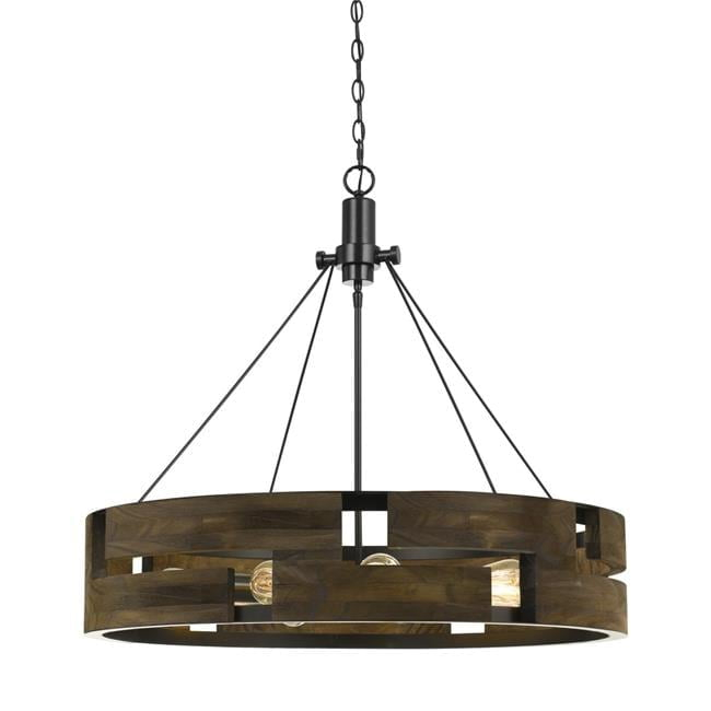 9 Bulb Round Wooden Frame Chandelier with Geometric Cut Out Design, Brown