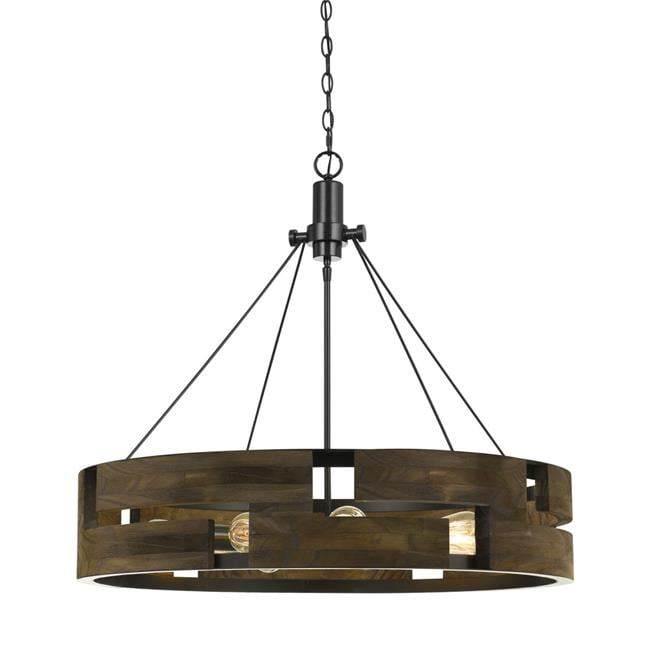 9 Bulb Round Wooden Frame Chandelier with Geometric Cut Out Design, Brown