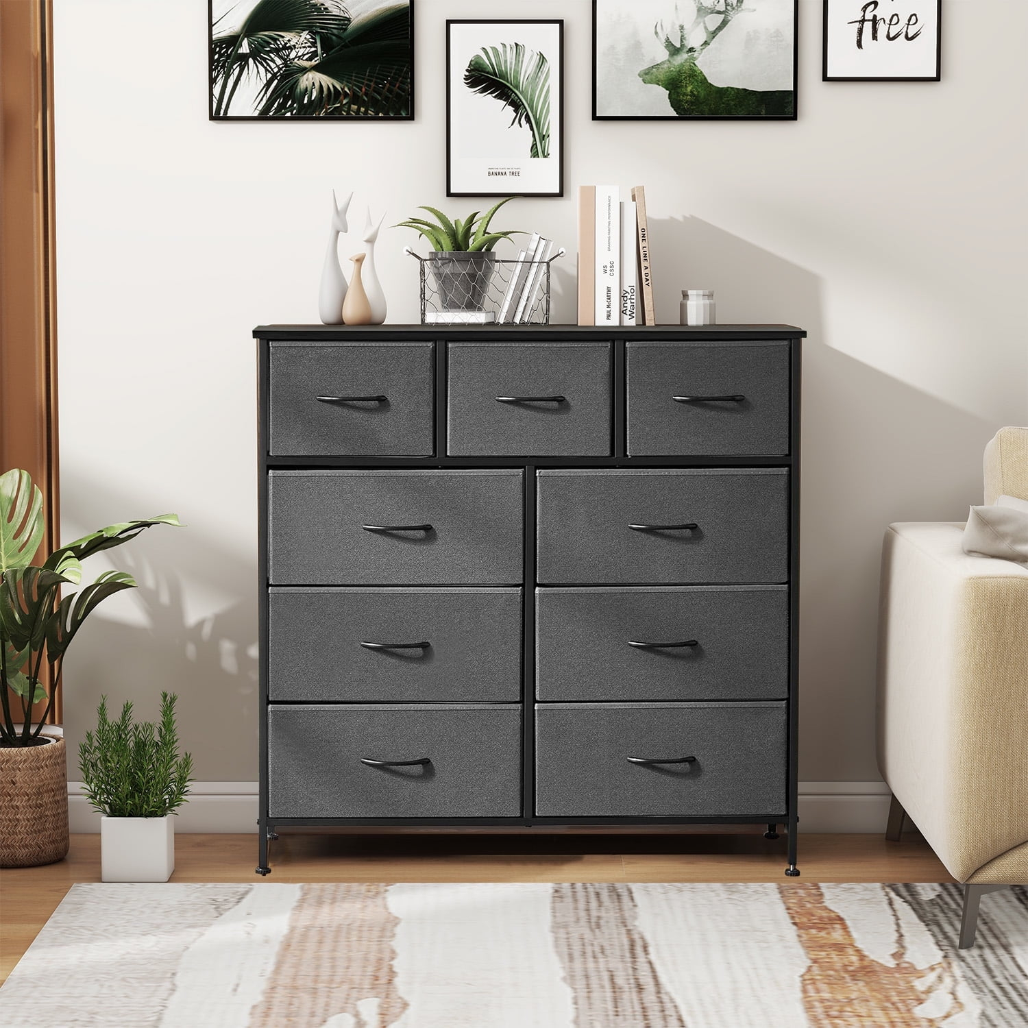 9 Drawer Dresser, Wide Chest Of Drawers Nightstand Storage Tower Storage Dresser Fabric Dresser With Wood Top, Metal Frame, Gray