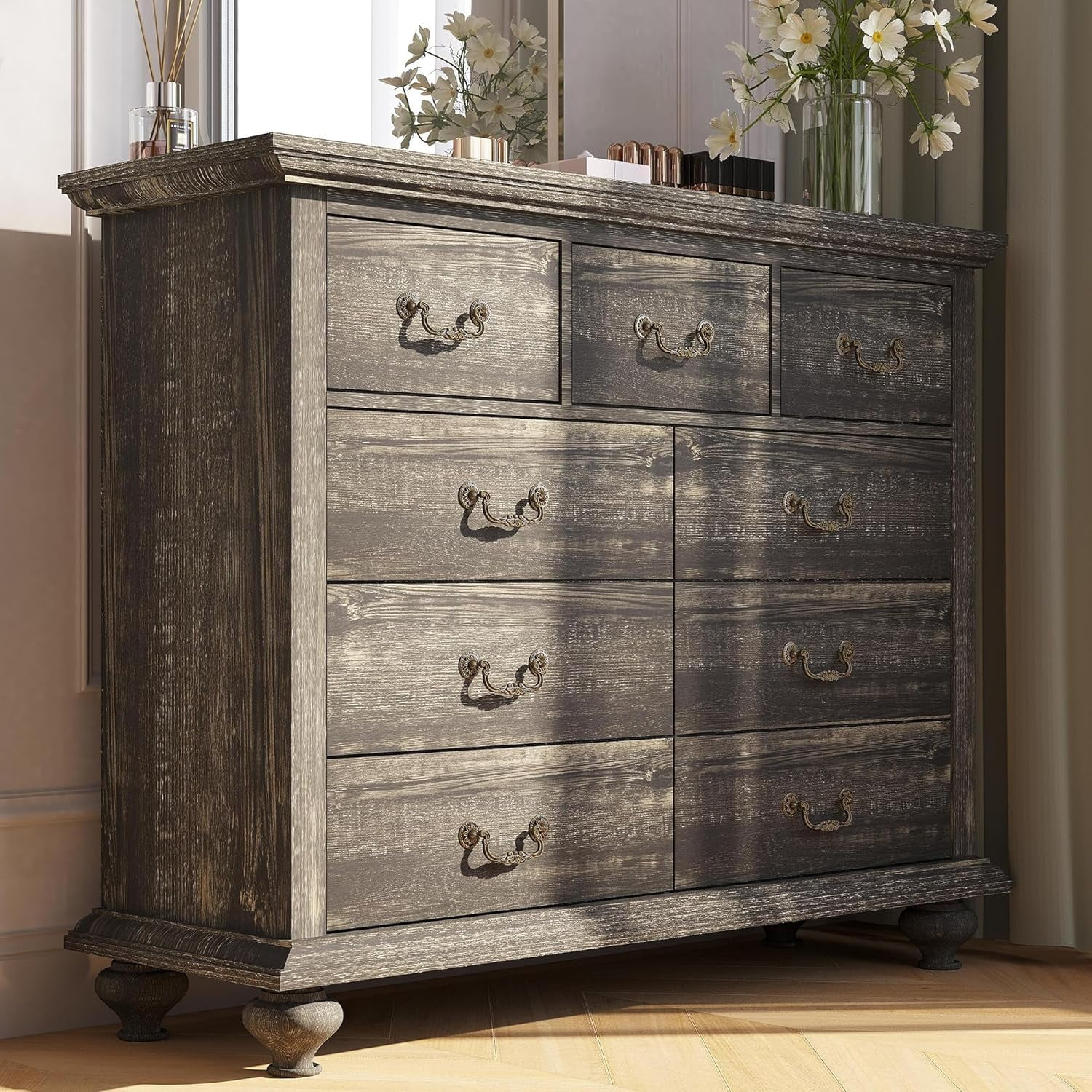 Black Rustic Wood 9-Drawer Dresser with Carved Handles
