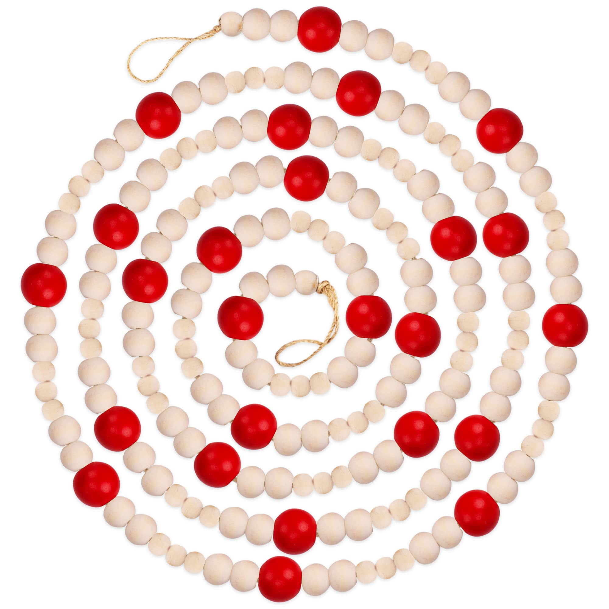 NorthPoleXpress Red & Natural Wooden Christmas Tree Garland, 9 Foot, Red & Natural Wood, Rustic Country Farmhouse Vintage, Assorted Bead Sizes