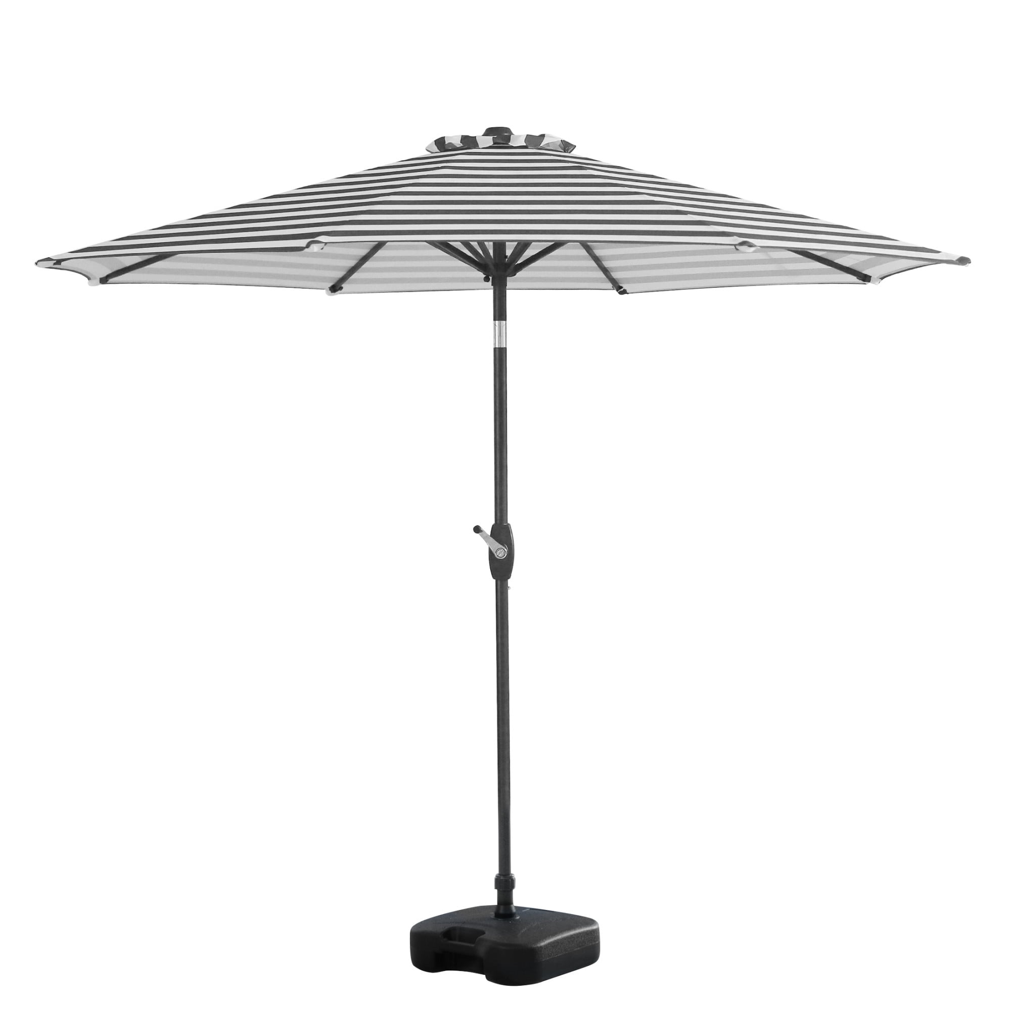 9 Ft Outdoor Patio Market Table Umbrella with Square Plastic Fillable Base INCLUDED, Gray /White Stripe