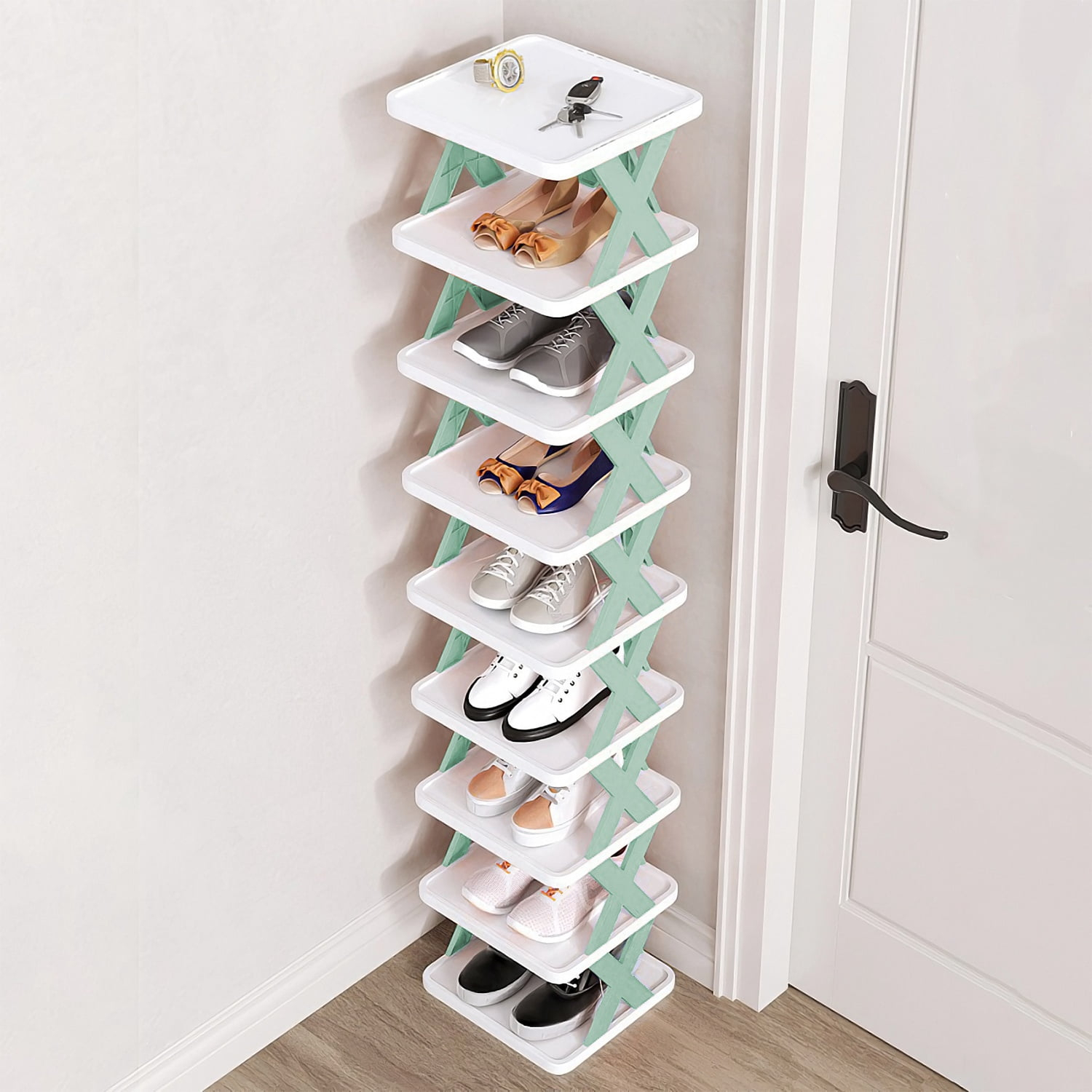 9-Tier Stackable Vertical Shoe Rack TeqHome DIY Narrow Free Standing Shoe Organizer Space Saving for Entryway and Bedroom Blue