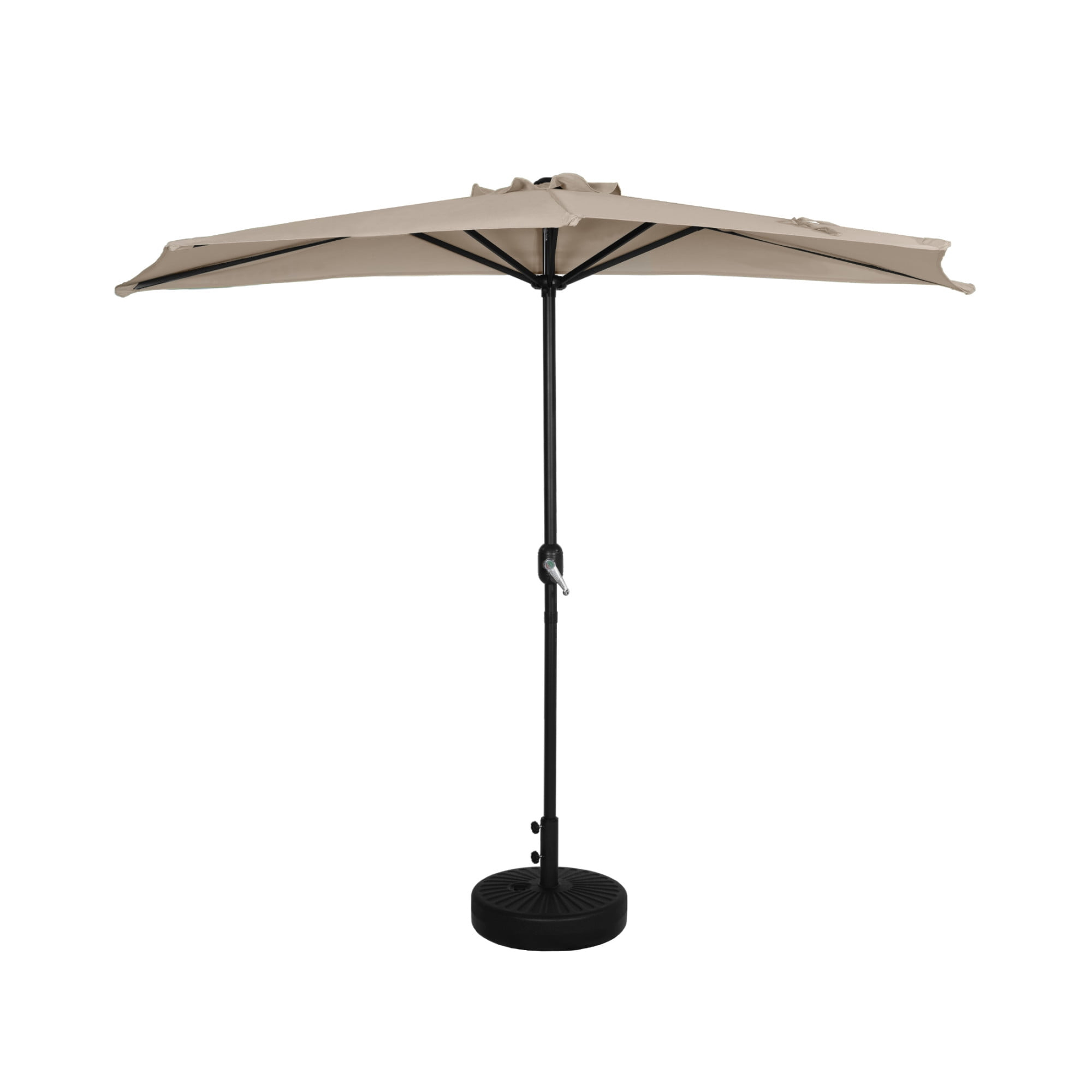 9 ft Half Market Umbella with Black Round Free Standing Plastic Base, Beige
