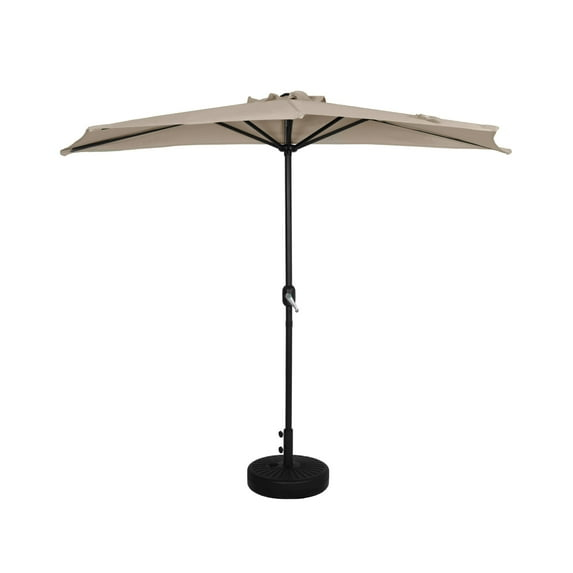 9 ft Half Market Umbella with Black Round Free Standing Plastic Base, Beige