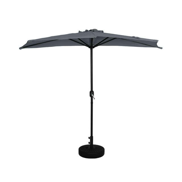 9 ft Half Market Umbella with Black Round Free Standing Plastic Base, Gray