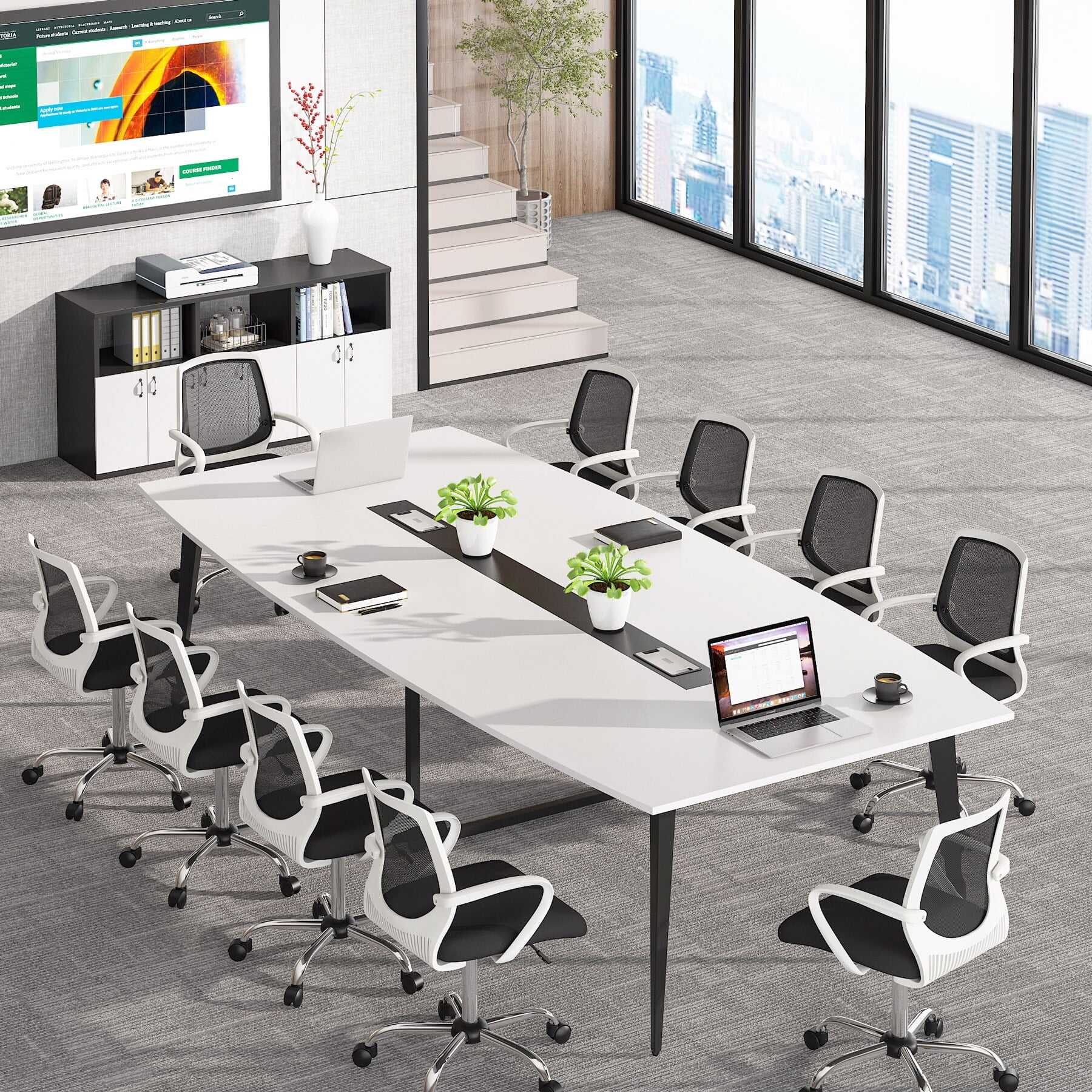 94.48" L x 47.24" W Conference Table,Seminar Table with Rectangle Grommet White & Black