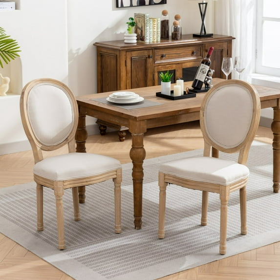 Beige Linen Upholstered French Style Dining Chairs with Carved Wood Legs, Set of 2