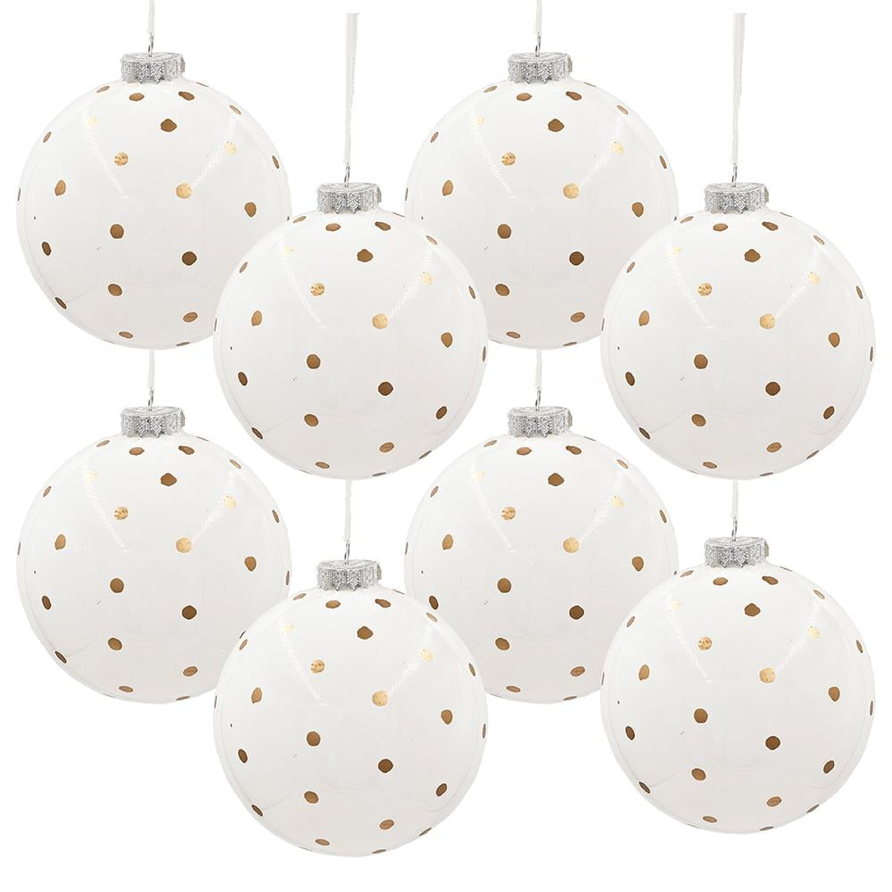 A&B Home Set of 8 White Glass Orb Ornament with Gold Polka Dot 4.7" x 4.7" x 4.7"