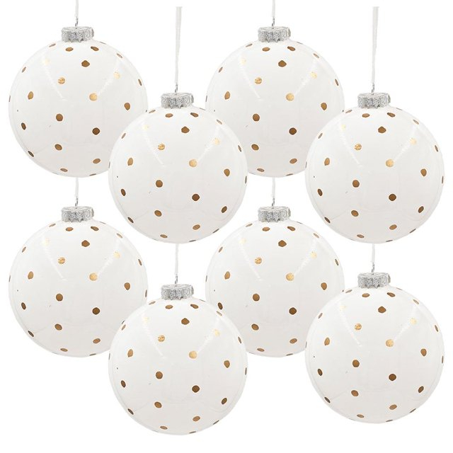 A&B Home Set of 8 White Glass Orb Ornament with Gold Polka Dot 4.7" x 4.7" x 4.7"