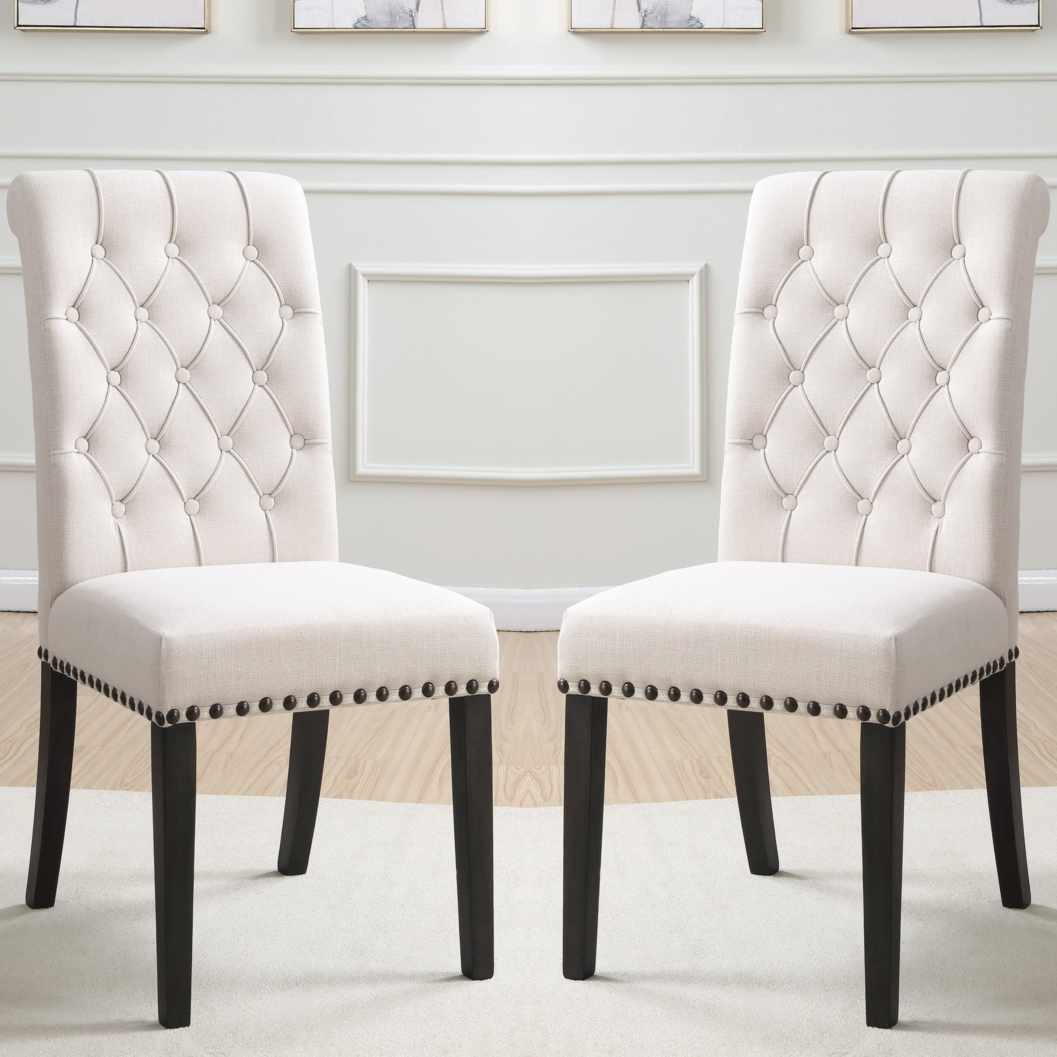 A Line Furniture Rolled Back Design Button Tufted Beige Dining Chairs with Nailhead Trim (Set of 2)