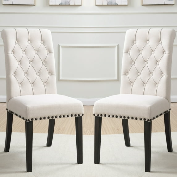 A Line Furniture Rolled Back Design Button Tufted Beige Dining Chairs with Nailhead Trim (Set of 2)