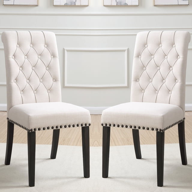 A Line Furniture Rolled Back Design Button Tufted Beige Dining Chairs with Nailhead Trim (Set of 2)
