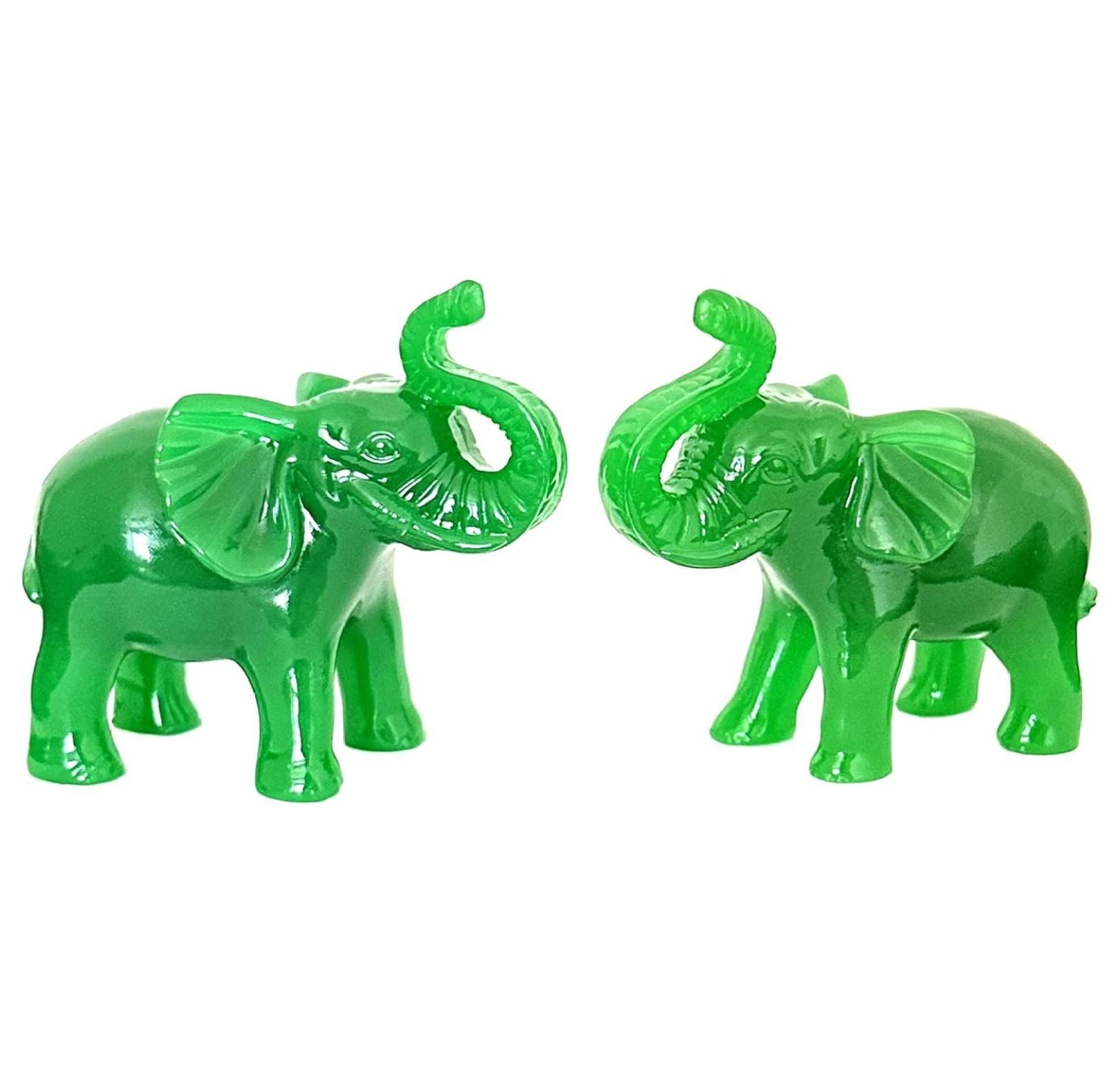 A Pair of Jade Green Color Feng Shui Trunk up Elephant Statue Figurine Home Office Decoration for Good Fortune