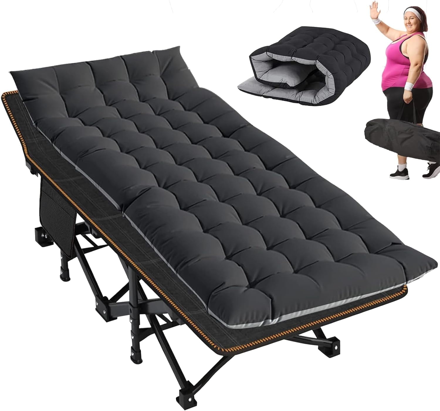 ABORON Portable Folding Camping Cot with 2 Sided Cushion & Carry Bag, 75''x28'' Folding Sleeping Cots, Folding Bed Cot for Adults & Kids