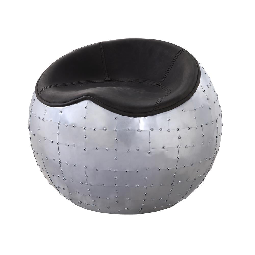 ACME Brancaster Leather Upholstered Ottoman in Antique Ebony and Aluminum