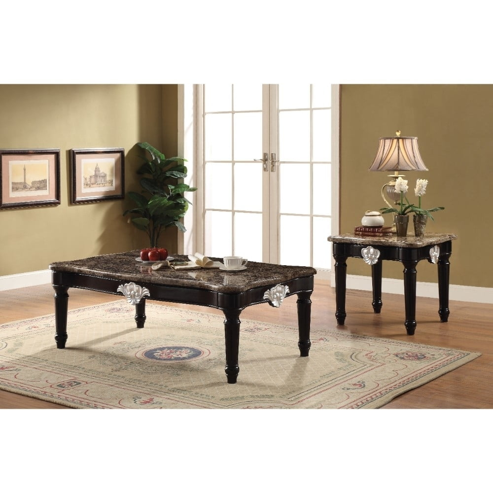 ACME Ernestine Marble Top Coffee Table with Carved in Black
