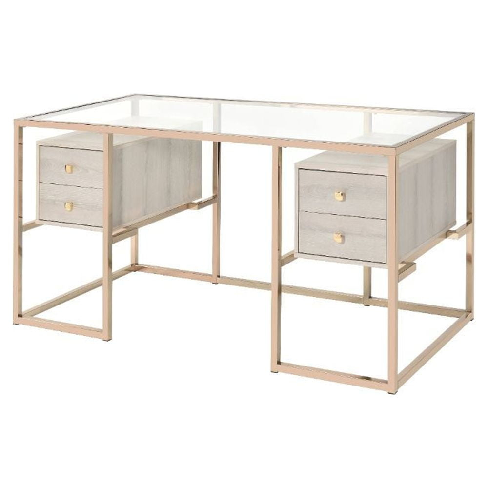 ACME Furniture Huyana Contemporary Tempered Glass & Metal Desk in Clear and Gold