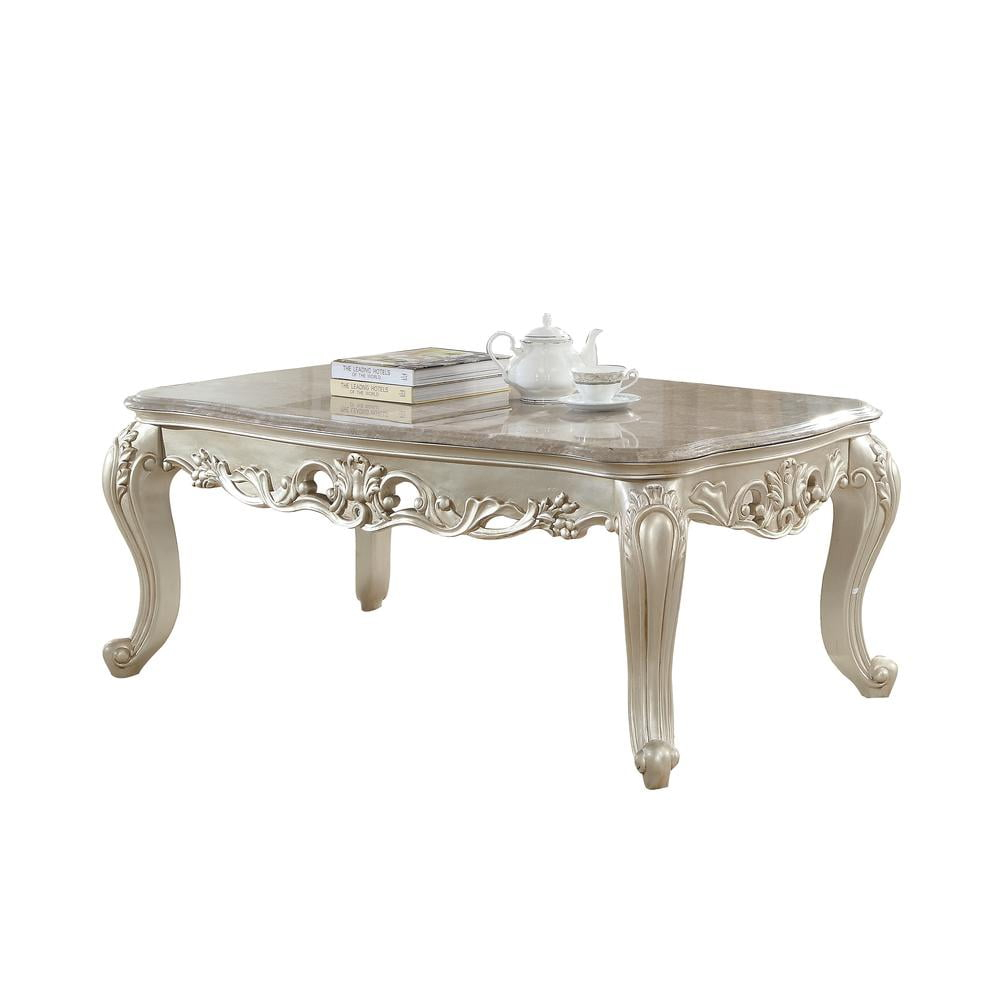 HomeStock End Table W/Marble Top, Marble & Baroque Bliss White