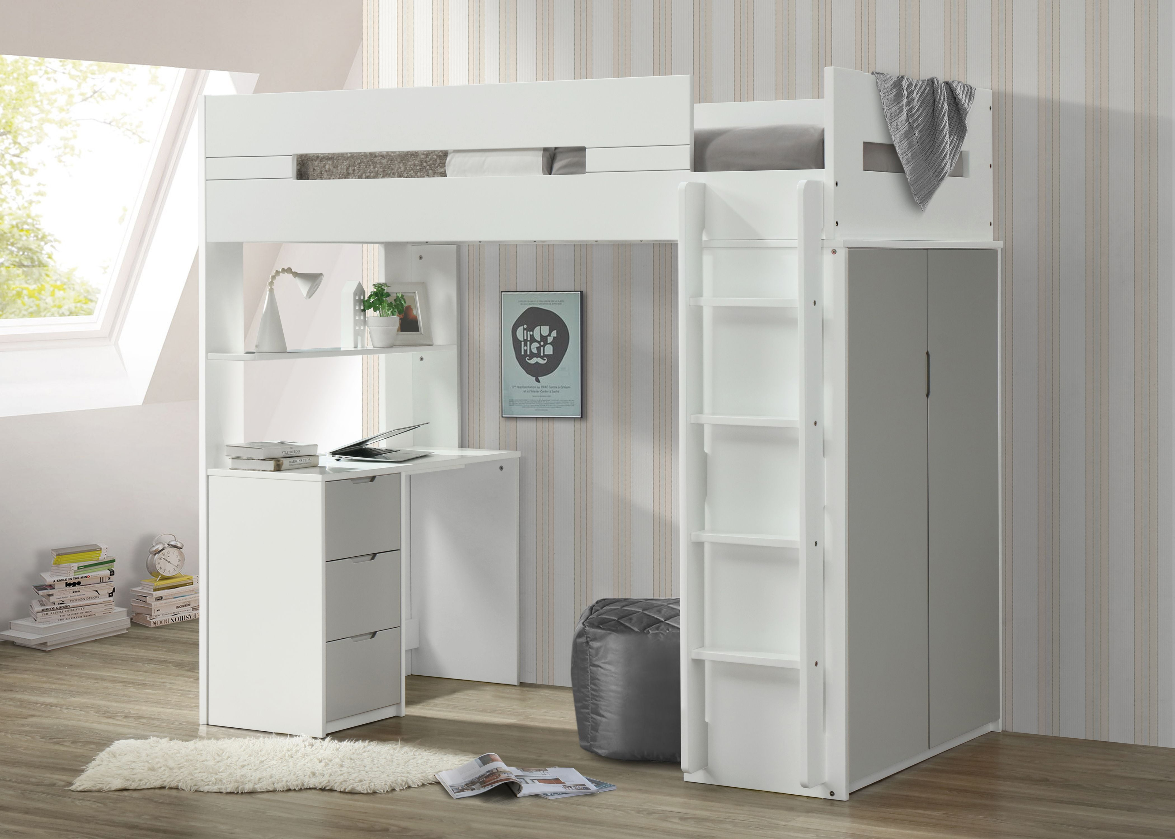 ACME Nerice Wooden Frame Twin Storage Loft Bed in White and Gray