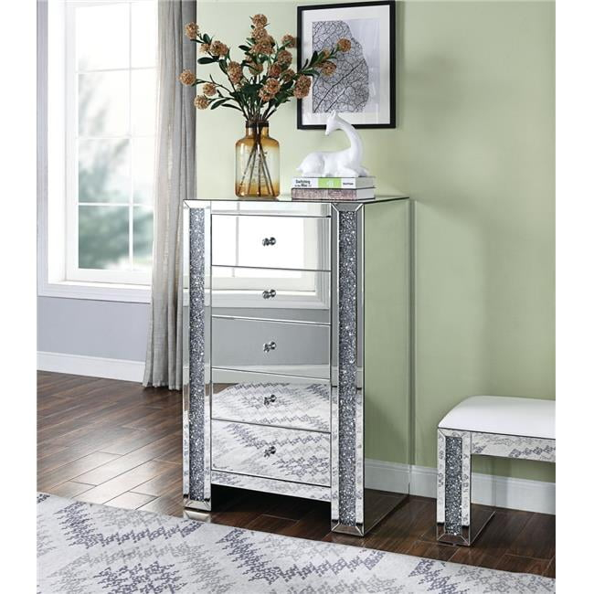 ACME Noralie 5-Drawer Console Table in Mirrored and Faux Diamonds