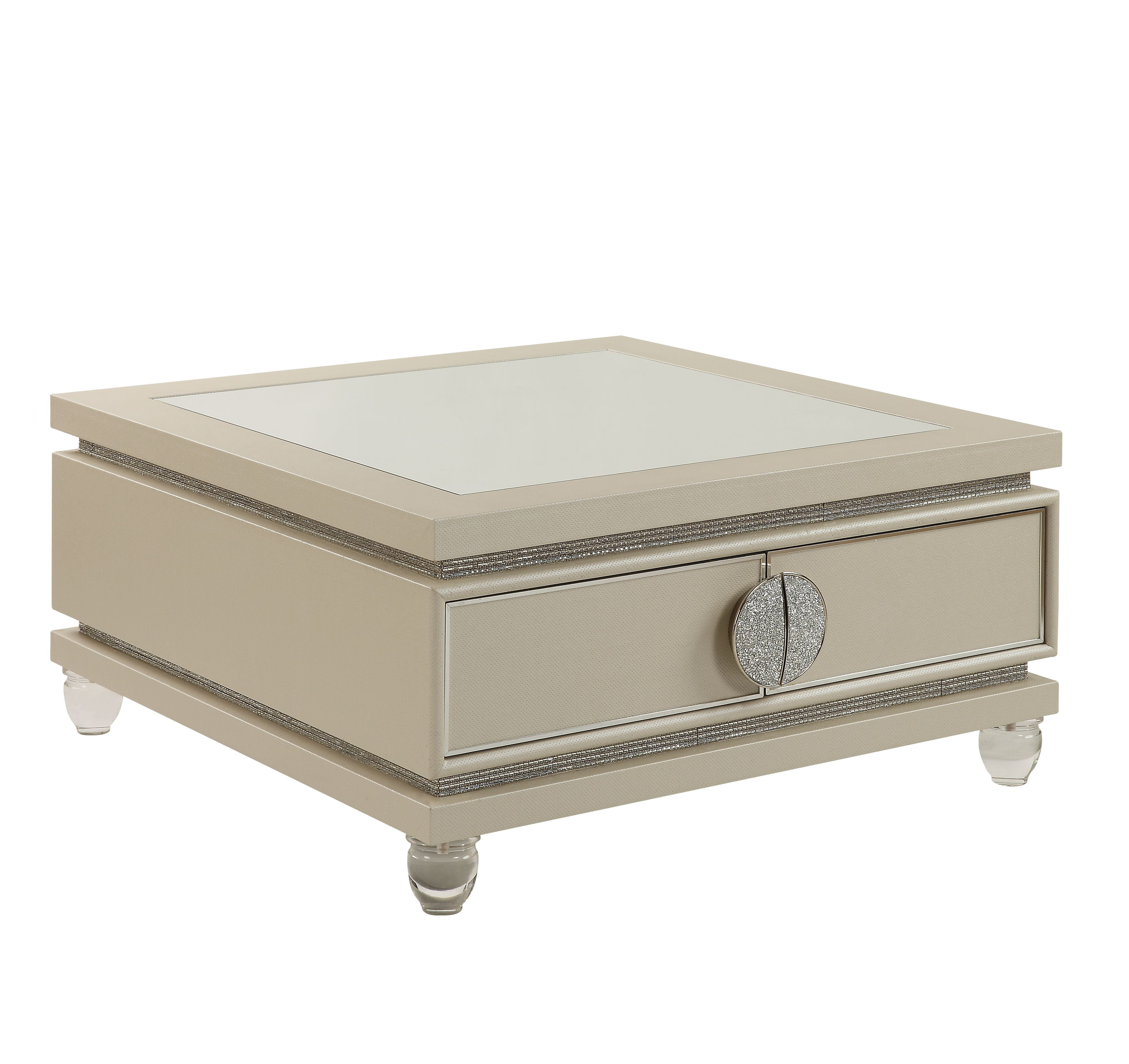 ACME Noralie Mirrored Top Wooden Coffee Table in Ivory and Faux Diamonds