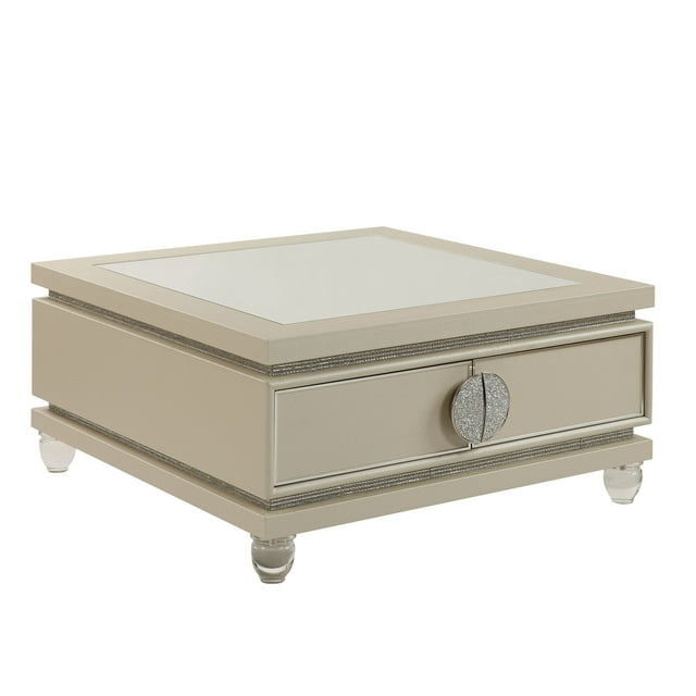 ACME Noralie Mirrored Top Wooden Coffee Table in Ivory and Faux Diamonds