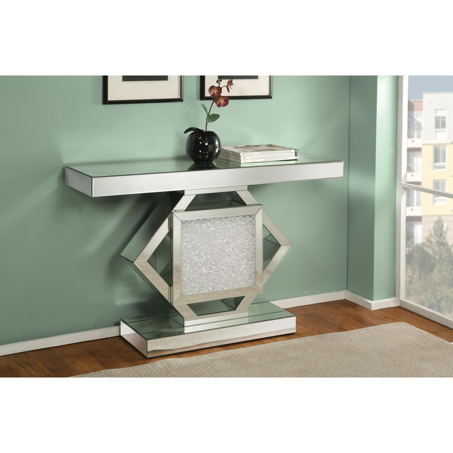 ACME Nowles Console Table, Mirrored (1Set/2Ctn)-Color:Mirrored & Faux Stones,Quantity:1,Style:Glam/Modern