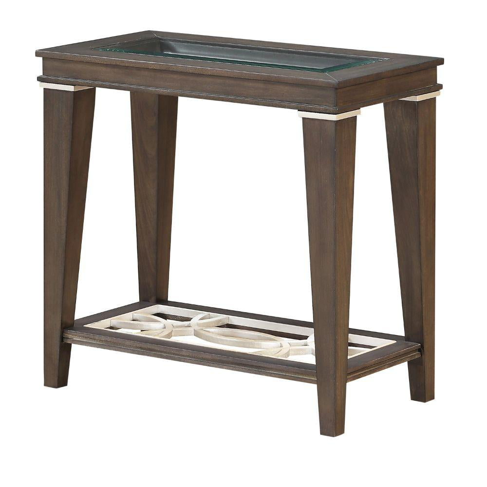 ACME Peregrine Glass Top Wooden Side Table with Bottom Shelf in Dark Brown